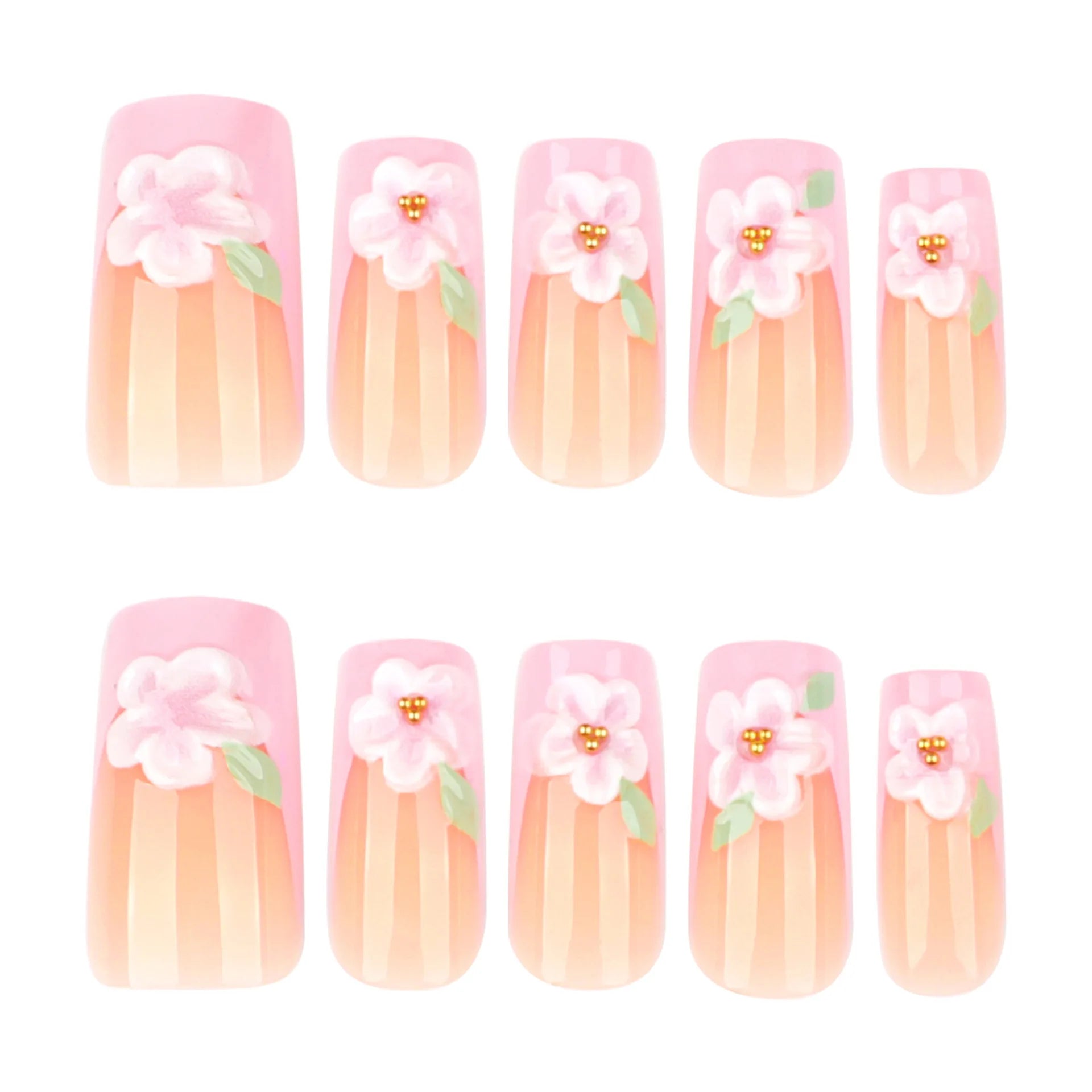 24Pcs Medium Coffin Square Fake Nail with Pink Flower Designs Wearable French Fashion False Nails Ballet Finished Stick on Nails