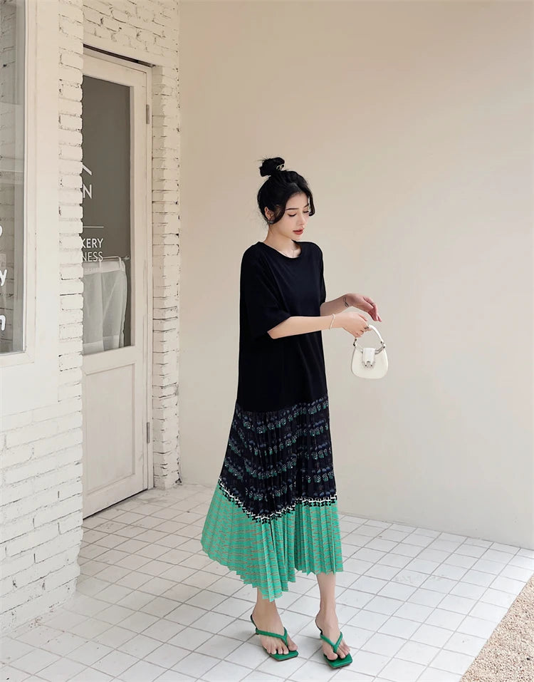 NYFS 2026 Summer New Korean Woman Dress Vestidos Robe Elbise Loose Plus Size Short Sleeve Patchwork Two Fake Pieces Long Dresses