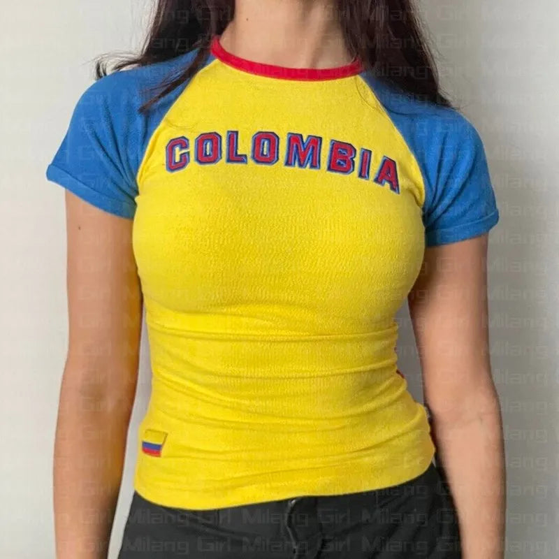 Women's Streetwear Brazil Letter Print T-shirt Y2k Punk Summer Casual Aesthetics Fashion Crop Top Vintage Sexy Grunge Fairy Tees