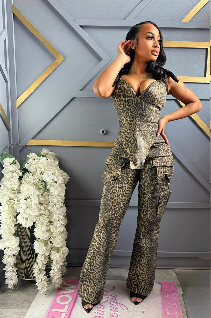 2 Piece Sets Women Print Top Straight Pants Suit Multiple Pockets Strapless Floor Length Trousers Ensemble 2025 Sexy Outfits