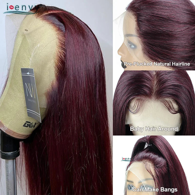 99J Red Colored Lace Front Human Hair Wigs Silky Straight 13X4 13X6 Burgundy Hd Transparent Pre Plucked Lace Frontal Wigs 180%
