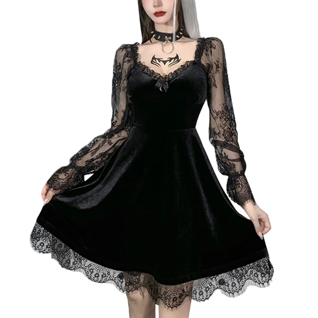 Women's Dress Gothic Style Female Dress Solid Color Lace Stitching V-Neck Long Flare Sleeve Party Clubwear For Ladies Y2k