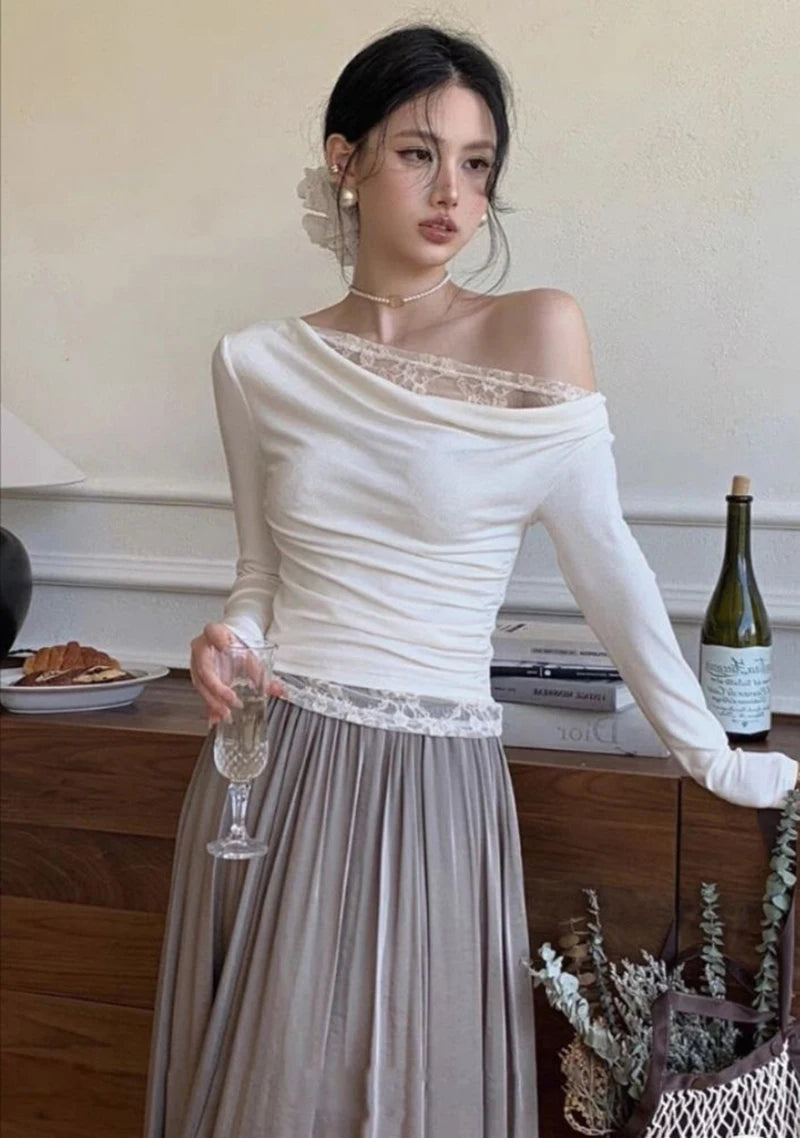 Lace Patchwork Sexy Slash Neck Blouse Slim Solid Long Sleeve Chic Shirt Chic Harajuku Elegant Commuter Office Lady Tops