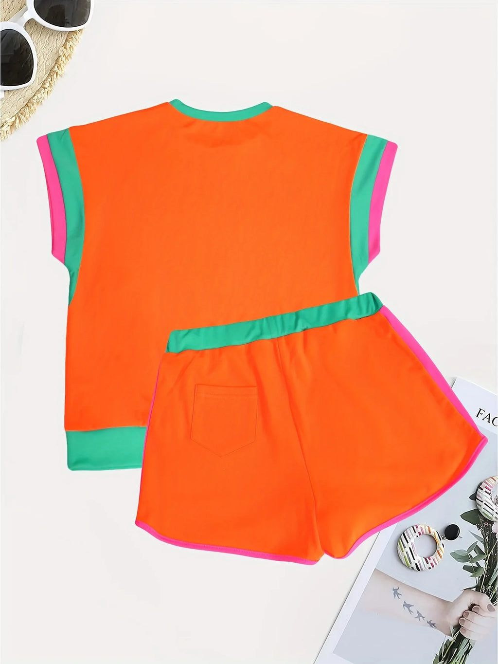 New Patchwork Casual Sporty 2 Piece Sets Women 2025 Summer Trend O-Neck Short Sleeve Tops And Shorts Matching Fitness Tracksuits