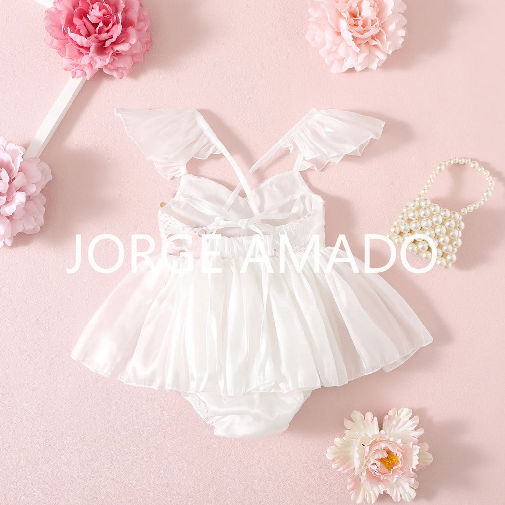 New Summer Bodysuit for Baby Girl Square Collar Sequined Large Bow Sleeveless Princess Jumpsuit Newborn Sweet Romper H1518