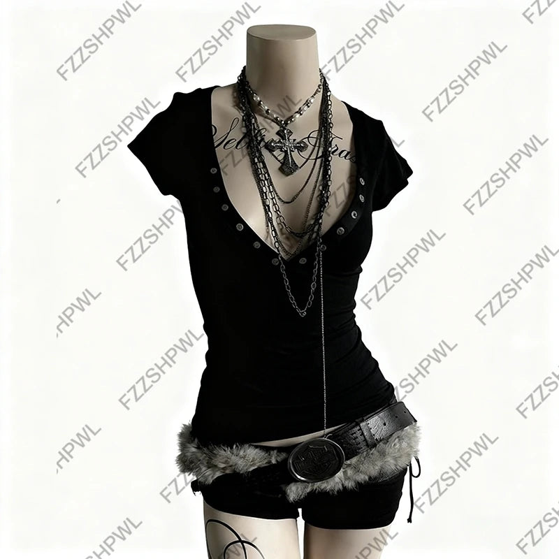 Y2k Crop top Subculture Button Harajuku Solid color Punk Short Sleeve T-shirt Subculture Hip Hop Baby Tee Gothic Streetwear Top