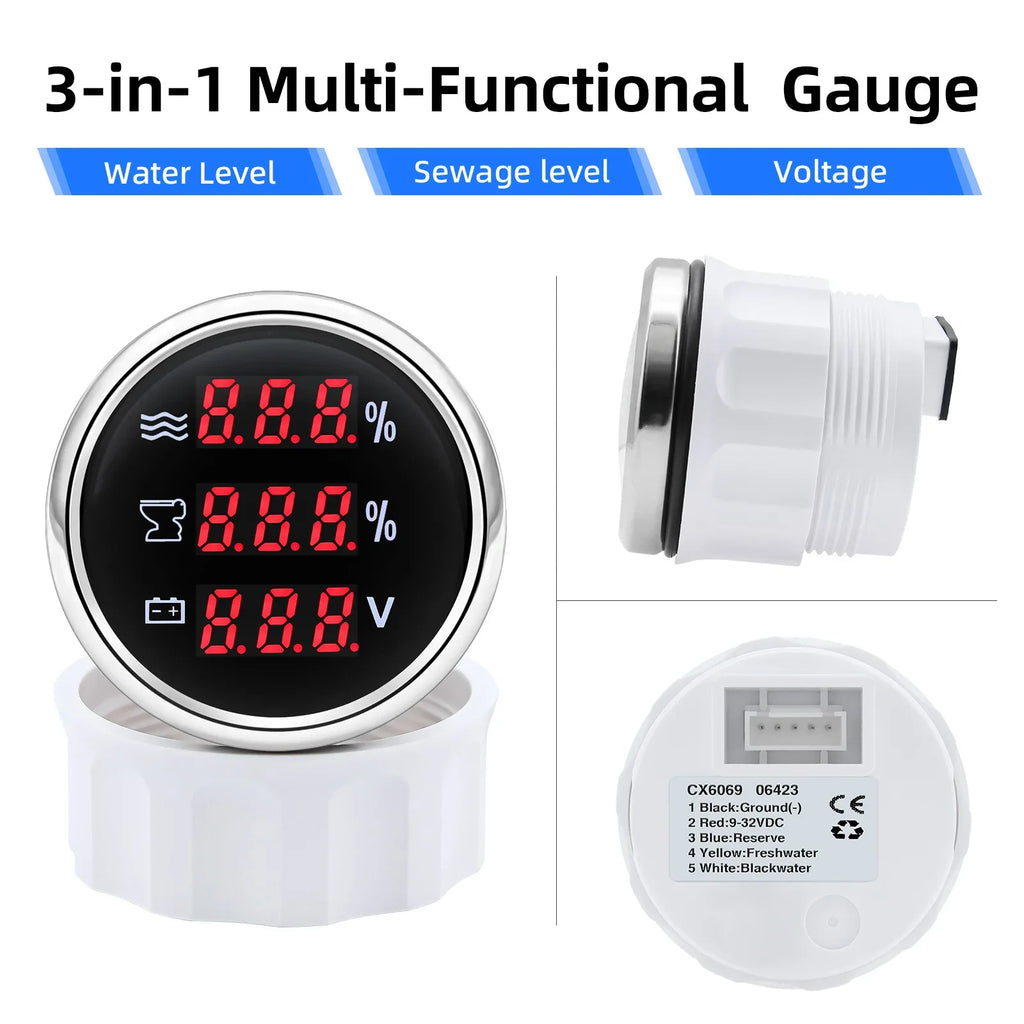 Red LED Digital 52mm 3In1 Gauge 0-190ohm Water Level Indicator+Sewage Level Gauge+Voltmeter for Water Waste Level Sensor Custom