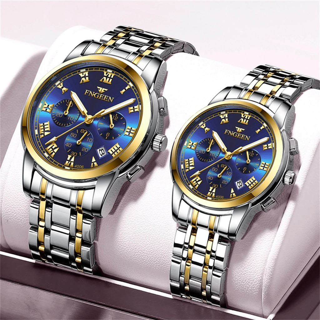 Couple Watches with Stainless Steel Strap, Roman Scale, Blue Dial, Calendar Display, Waterproof Quartz for Men and Women, Sm, 2P