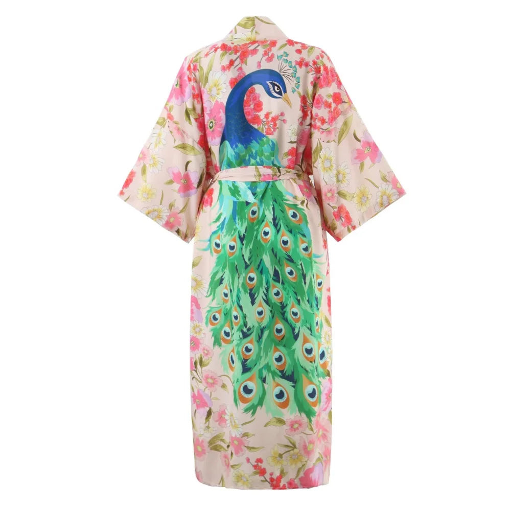 Happie Queens Women Peacock Floral Print Bat Sleeve Beach Bohemian Kimono Robe Ladies V Neck Summer Bikini Boho Cover-ups
