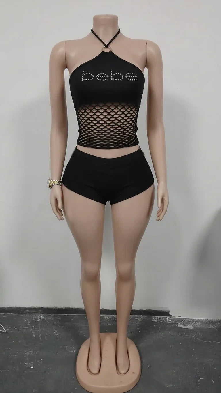FAGADOER Sexy Lace Up Off Shoulder Two Piece Sets for Women Summer Hollow Out Crop Top and Shorts Suits Street Party Outfits