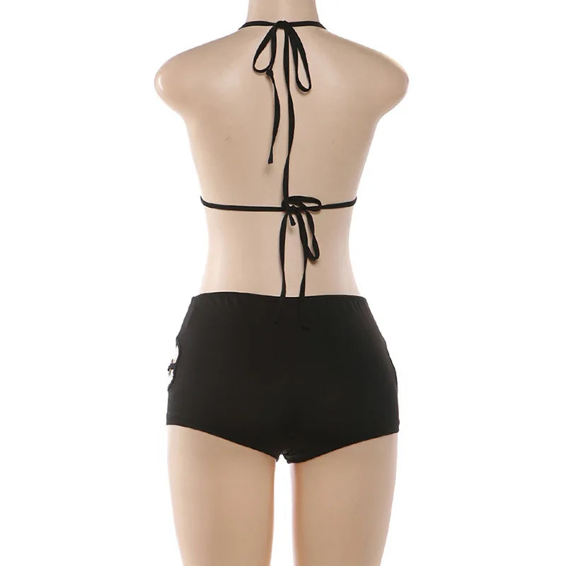 HLJ Sexy Deep V Neck Bodycon Romper for Women Black Halter Sleeveless Backless Shorts Jumpsuit Female Club Party Streetwear New