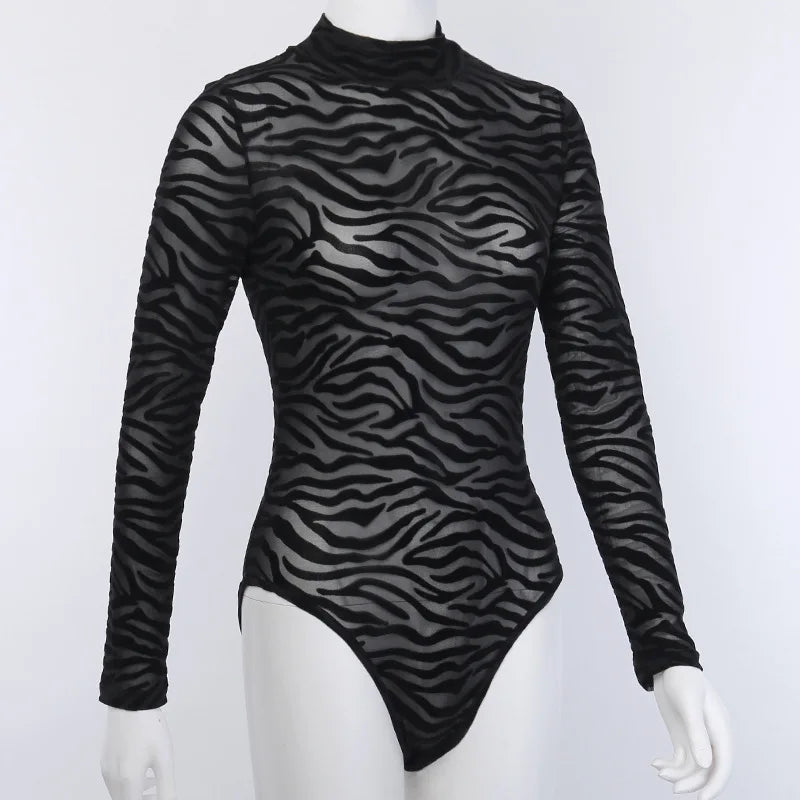 Shestyle Tiger Print Mesh Transparent Bodysuit Women Black Sexy Mock Neck Button Long Sleeve Spring Elastic Punk Body Slim