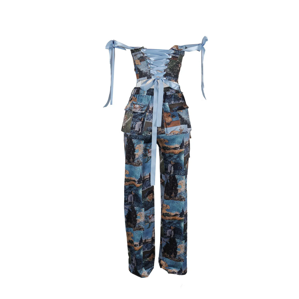 Two Pieces Women Pant Sets Print Matching Set Drawstring Pockets Sleeveless Top Elastic Waist Pants Slim Fit Casual 2026 Spring