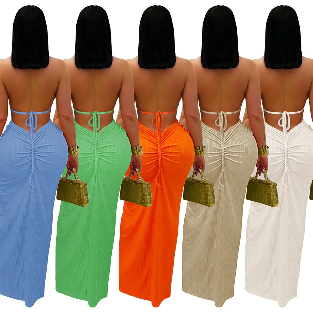 Hemp Rope Halter Neck Stacked Ruched High Slit Knit Bodycon Knotted Maxi Dress for Women Summer 2025 Birthday Sexy Party Dresses
