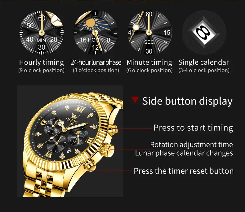 OLEVS Brand Luxury Gold Black Quartz Watch for Men Stainless Steel Waterproof Luminous Date Week Fashion Men Watches Reloj Hombr