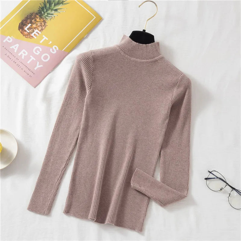 Autumn Winter Women Pullover Sweater Fashion Half Turtleneck Knitted Female Jumper Long Sleeve Winter Soft Elastic Tops