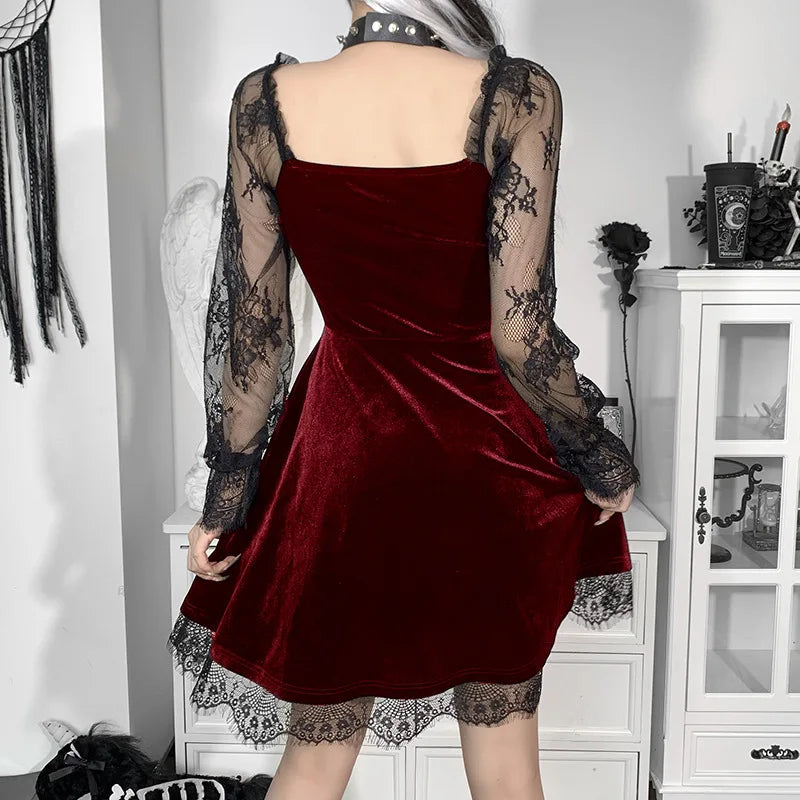 Women's Dress Gothic Style Female Dress Solid Color Lace Stitching V-Neck Long Flare Sleeve Party Clubwear For Ladies Y2k
