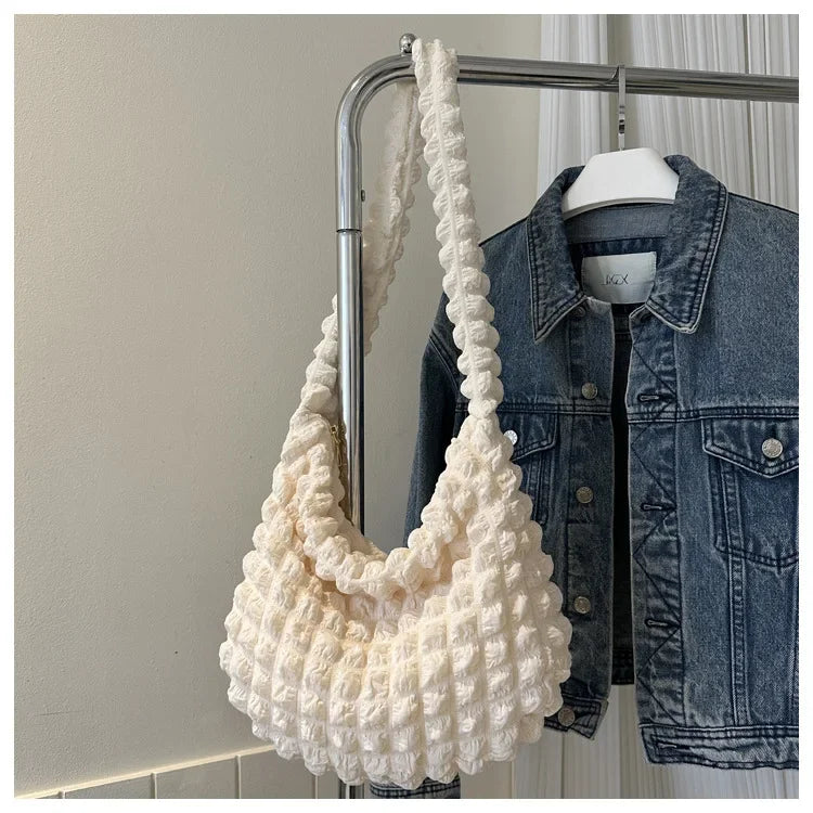 Fashion Pleated Design Shoulder Bag Cute Pleated Bubbles Solid Color Tote Bag Large Capacity Embroidered Satchel Bags Women