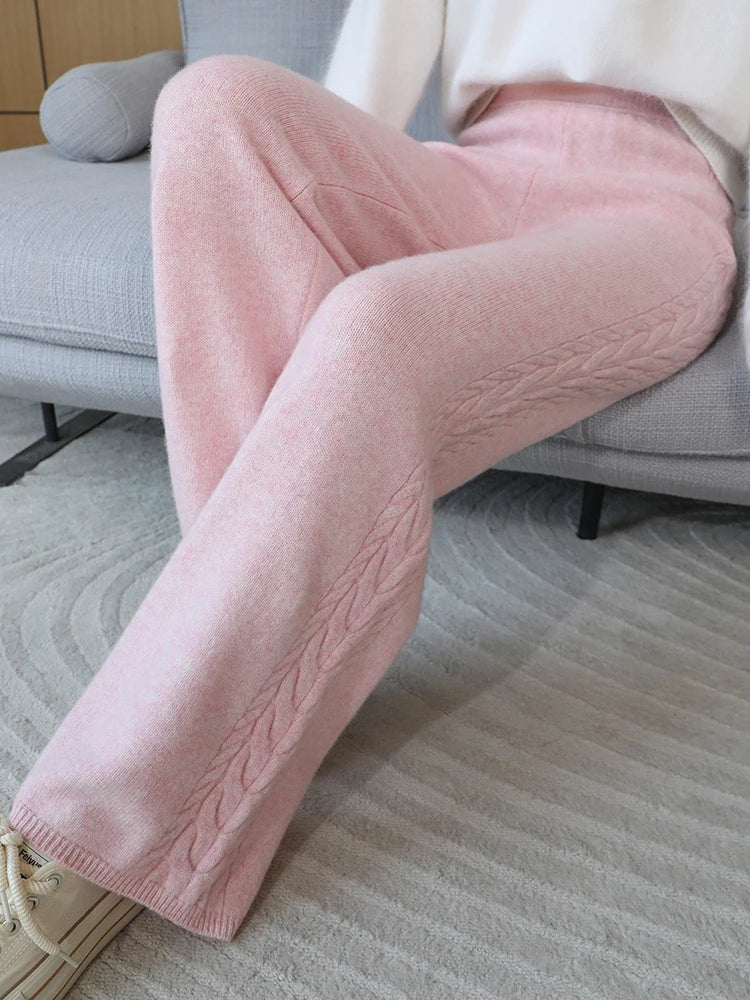 100% Merino Wool Wide Leg Pants Women's Elastic Waist Twist Flower Jacquard Trousers Autumn Winter Soft Solid Knitted Wool Pants