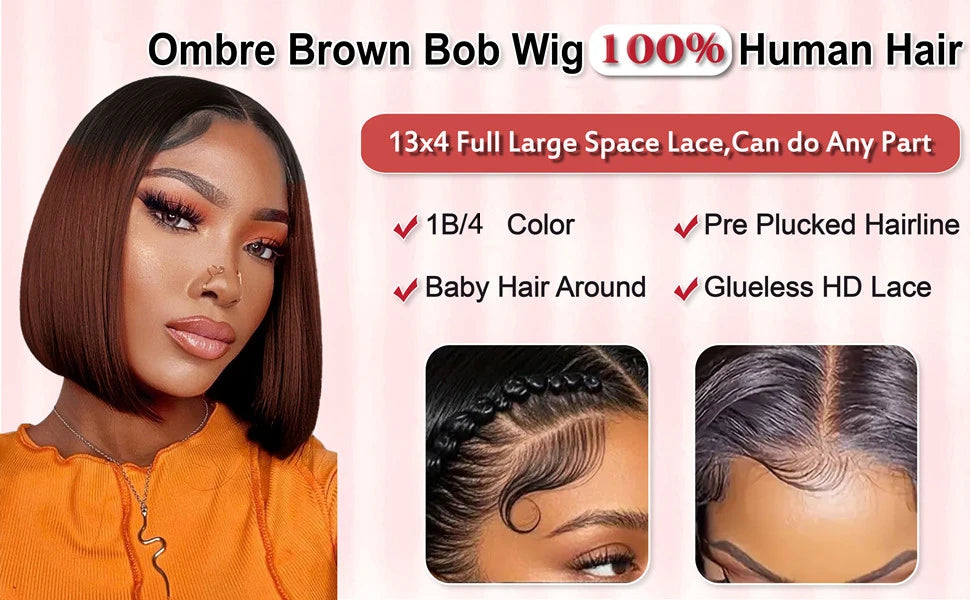 Ombre Brown 1B/4 Bob Wig Human Hair 13x4 HD Lace Front Wig for Black Woman 10 Inch Glueless Pre Plucked Short Straight Bob Wigs