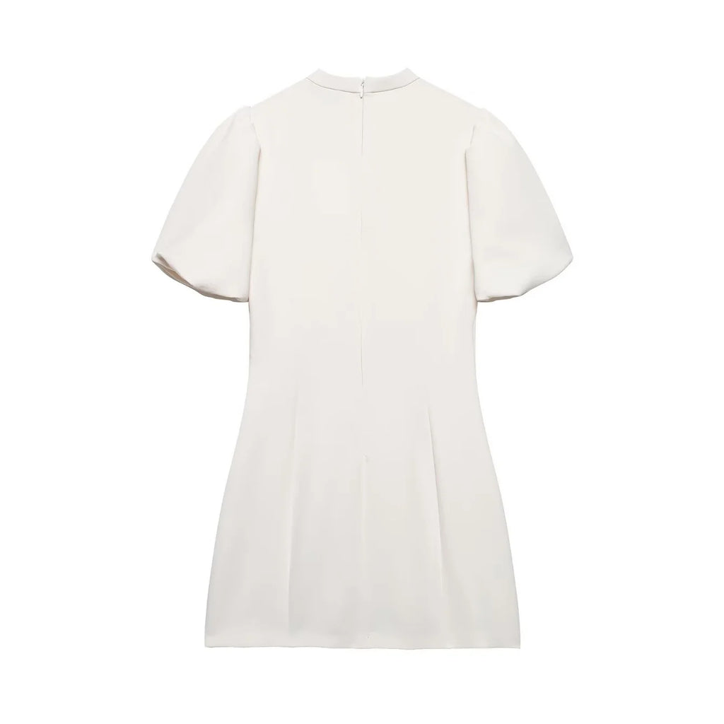 Women Elegant Chic Puff Sleeve Mini Dress Summer New Female O-Neck Hollow-Out Zipper Short Dress Fashion Lady Party Date Dress