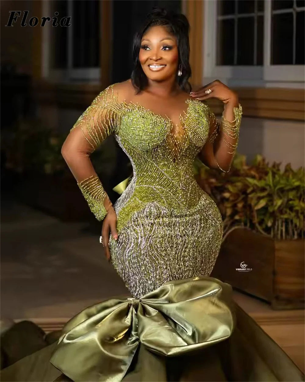 African Green Beaded Evening Dresses Black Girls Aso Ebi Mermaid Birthday Party Dress Customized Long Sleeves Cocktail Prom Gown