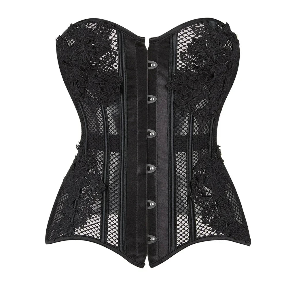 Women's Sexy Corsets and Bustiers Tops Plus Size Mesh Black Breathable Hollow Out Lingerie Corset Overbust Lace Up Corsets
