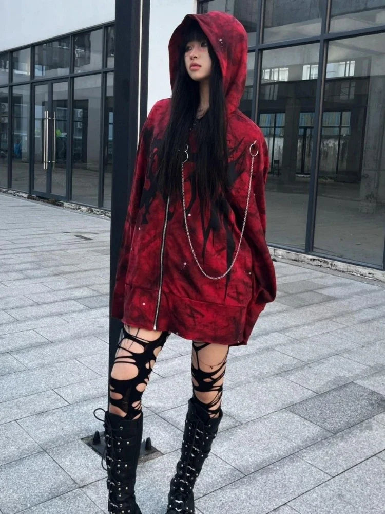 2025 Y2k Aesthetic Printing Punk Hoodies Women Grunge Loose Pocket Oversized Hooded Hoody Harajuku Streetwear Zipper Sweatshirts