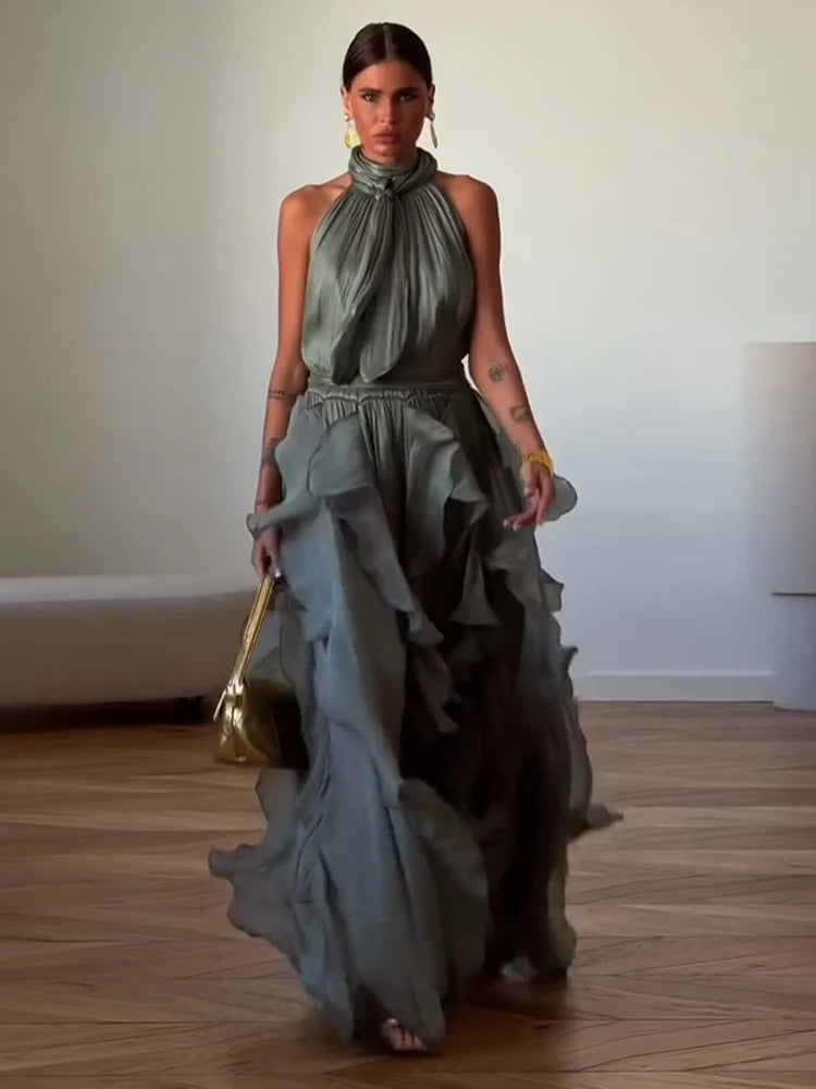 Fashion Halter Ruffle Long Dress Women Chiffon Sleeveless Ruffled Tiered Waist Cinching Party Dresses Lady Holiday Y2K Chic Robe