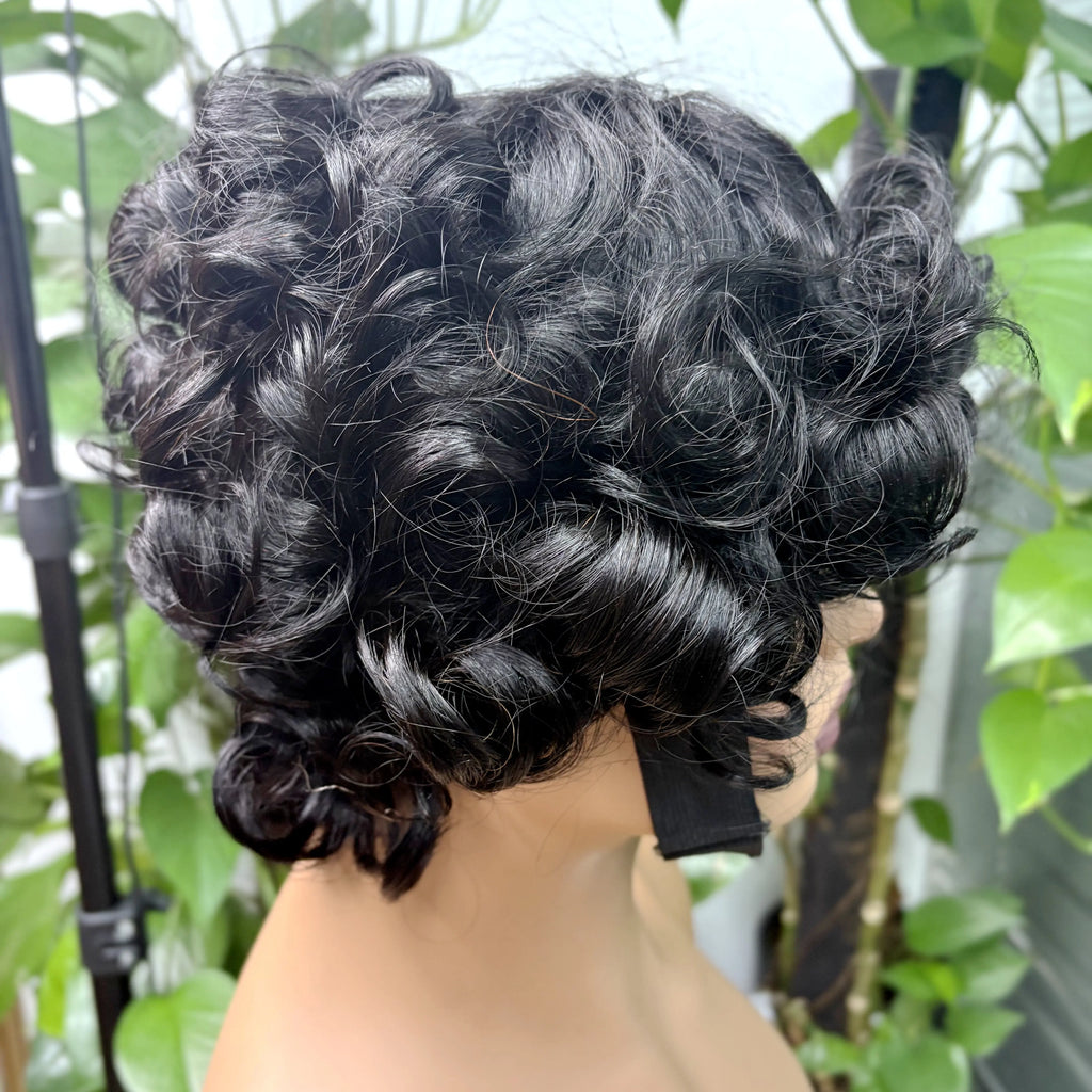 Full Machine Made Loose Wavy Bob Wig Human Hair Wigs 220% Short Colored Bouncy Curly Gluelesss Human Hair Wigs with Bangs