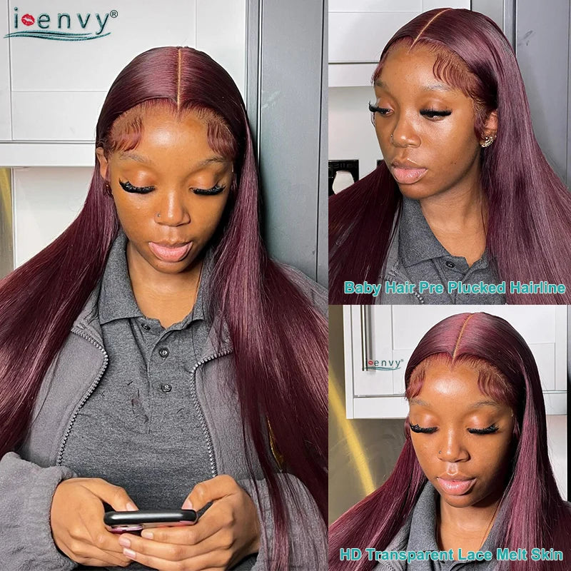 99J Red Colored Lace Front Human Hair Wigs Silky Straight 13X4 13X6 Burgundy Hd Transparent Pre Plucked Lace Frontal Wigs 180%