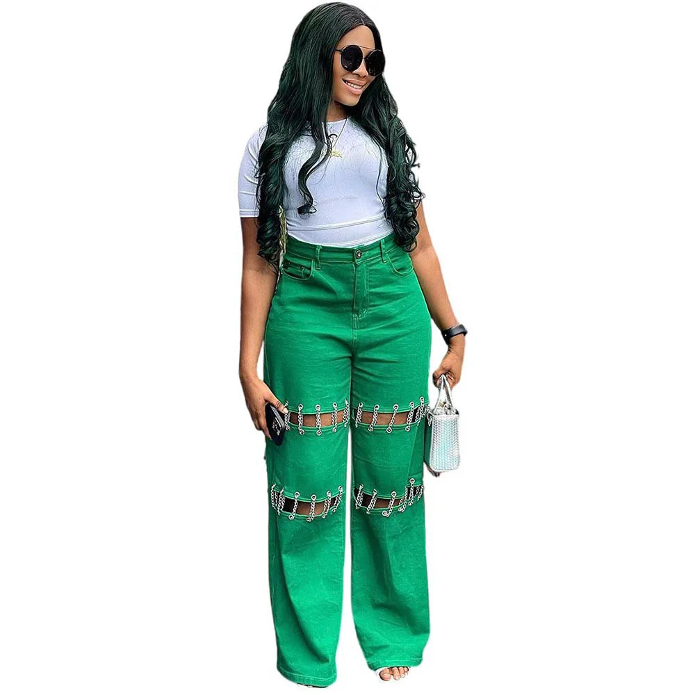 High Waist Green Ripped Chain Decoration Patchwork Wide Leg Denim Pants Women Fashion Casual Personality Trendy Long Trousers