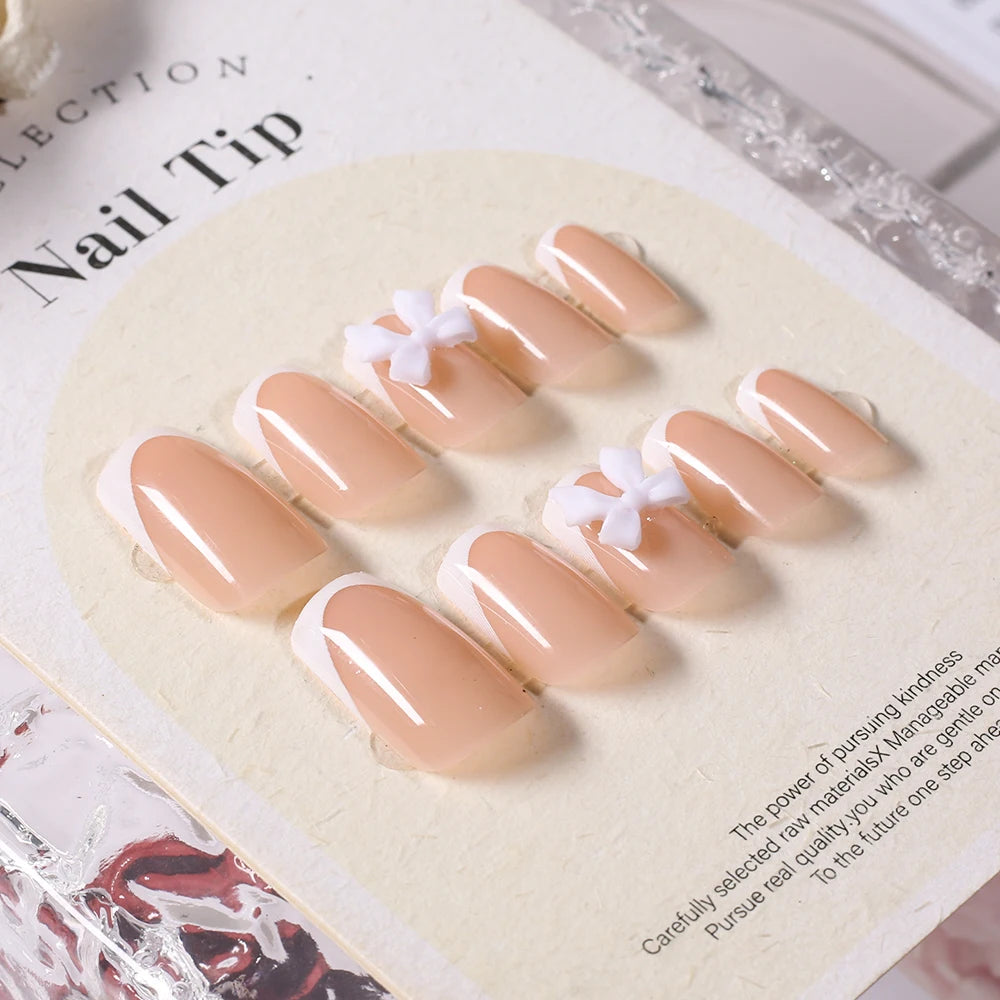 24Pcs White French Press On Nails 3D Bow Design Full Cover Wearable False Nails Short Square Head Ballet Fake Nails For Women