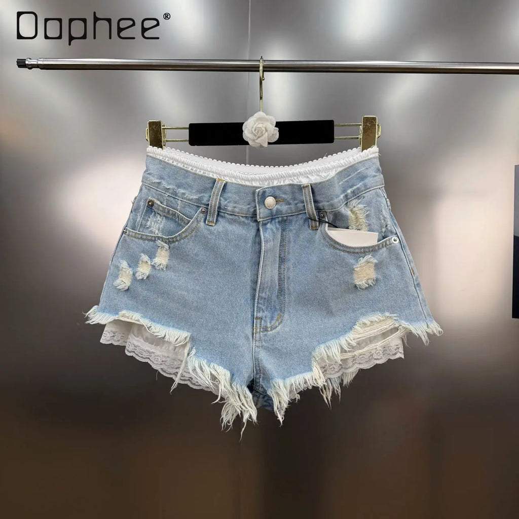 Summer 2025 New French Retro Lace Splicing Ripped Rough Edge Fake Two-piece Denim Shorts Spice Girl Y2K High-waisted Slim Jeans