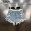 Summer 2025 New French Retro Lace Splicing Ripped Rough Edge Fake Two-piece Denim Shorts Spice Girl Y2K High-waisted Slim Jeans