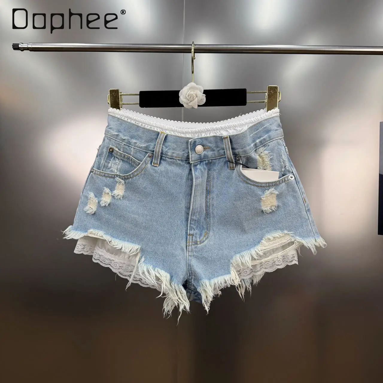 Summer 2025 New French Retro Lace Splicing Ripped Rough Edge Fake Two-piece Denim Shorts Spice Girl Y2K High-waisted Slim Jeans