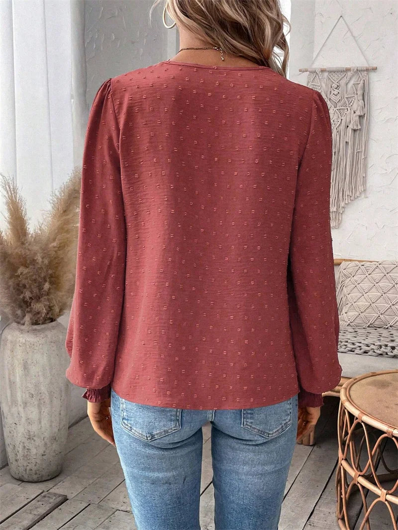 Elegant Hollow Out Lace Decoration Shirt Women Deep V Neck Pullover Blouse Female Solid Color Jacquard Lantern Long Sleeve Tops
