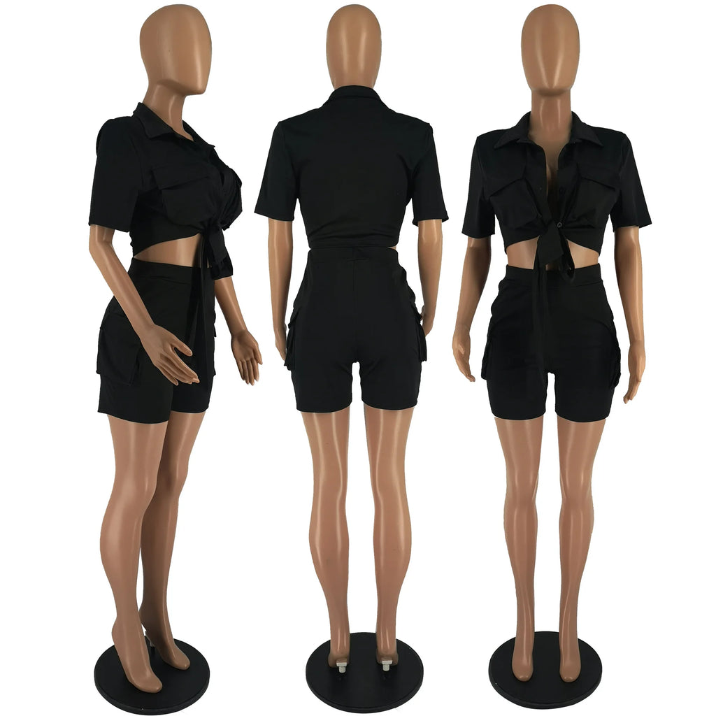Women Shorts Two Piece Set Turn Down Collar Shirt Button Lace Up High Waist Short Sets Pockets Elegant Lady Streetwear Suit