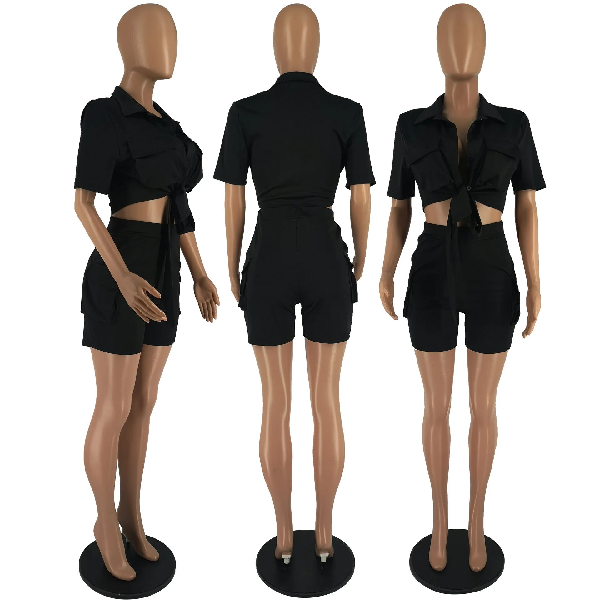 Women Shorts Two Piece Set Turn Down Collar Shirt Button Lace Up High Waist Short Sets Pockets Elegant Lady Streetwear Suit