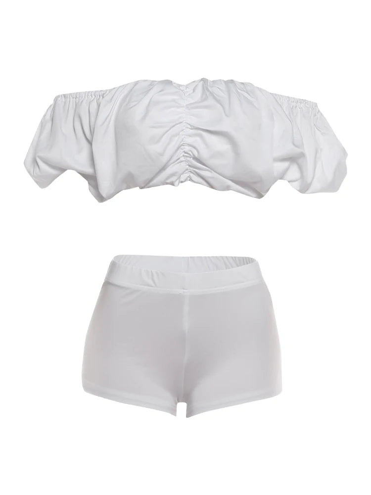 Kliou Sexy Fashion 2 Piece Set Woman Slash Neck Backless Puffy Crop Tops+Skinny Wrap Hip Mini Shorts High Street Style Outfits