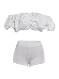 Kliou Sexy Fashion 2 Piece Set Woman Slash Neck Backless Puffy Crop Tops+Skinny Wrap Hip Mini Shorts High Street Style Outfits