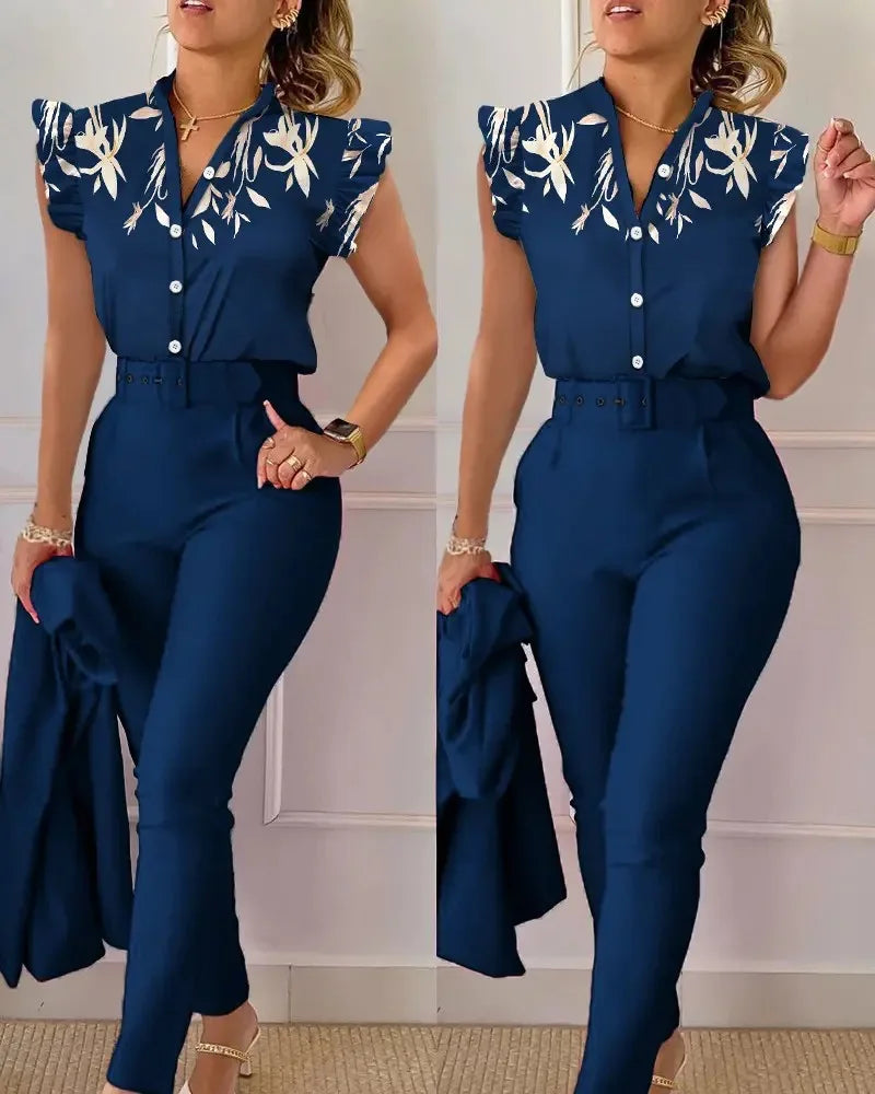 Spring Summer Women's New Printed Lotus Leaf Sleeveless Shirt Suit Elegant Slim Femal Office  Long Pants Belt Two Piece Set 2025