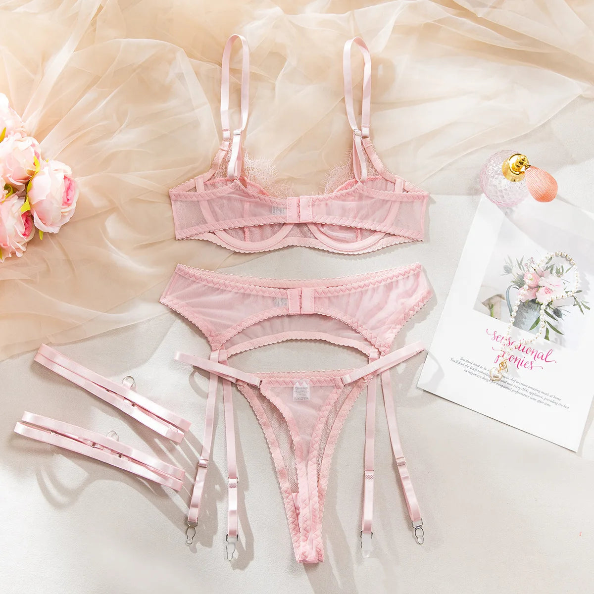 Ellolace Fancy Lingeries Sexy Hot Elegant Bra 3PC Set with Leg Circles Sissy Solid Color Intimate Eyelash Lace Patchwork Costume