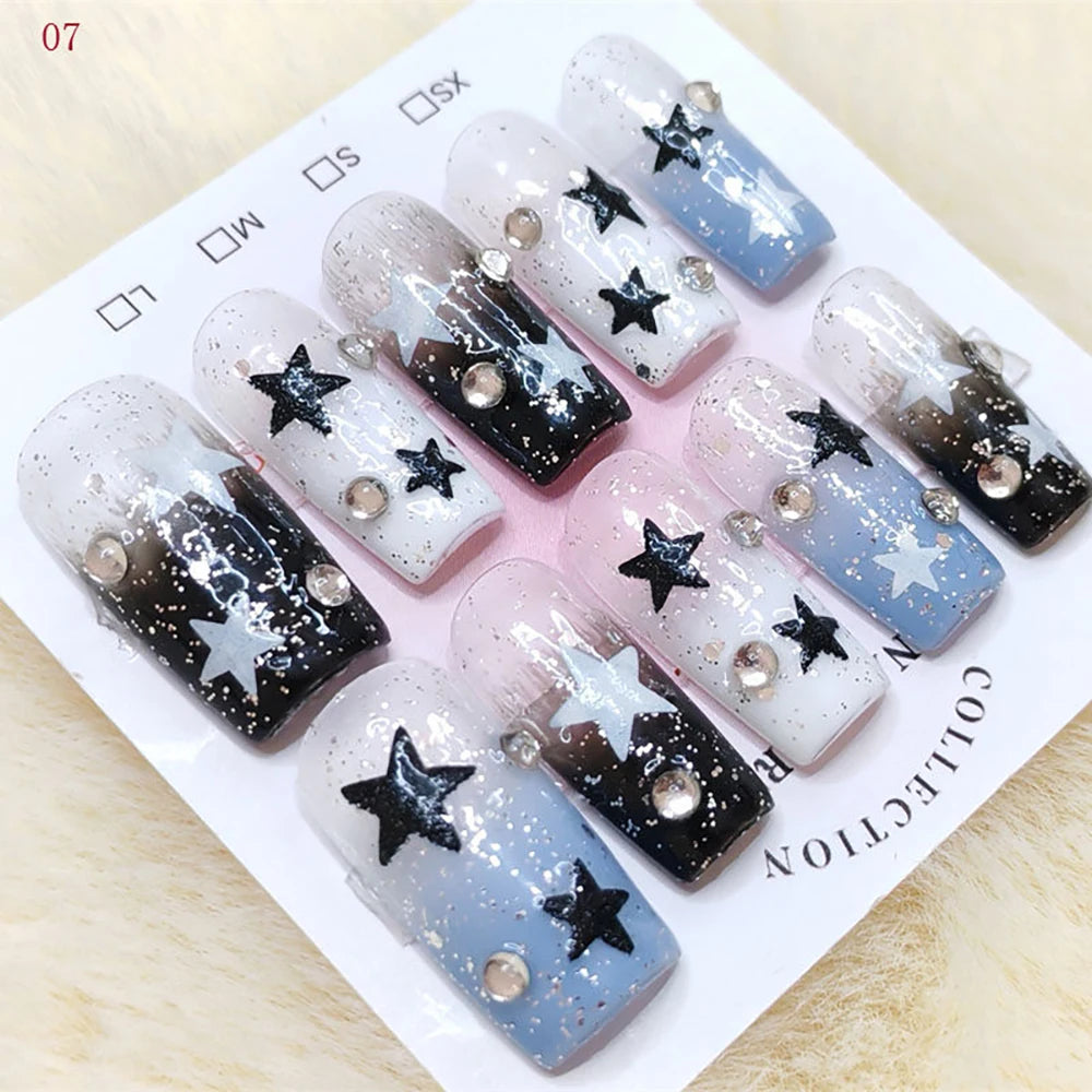 10Pcs Sweet Lovely Handmade Long Coffin Wearable Fake Nail Kawaii Girlish Heart Cartoon Pink Pearl Bow Diamond False Nail Gift