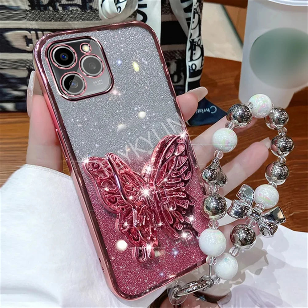3D Butterfly Phone Holder Bead Bracelet Glitter Plating Case For iPhone 16 15 13 12 11 14 Pro Max XS Max XR 7 8 Plus Stand Cover