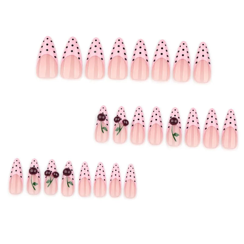 24PCS Pink French Press on Nails with Glue Black Polka Dots Sweet 3D Cherry Almond Fake Nails for Women Acrylic Simple Nail Tips