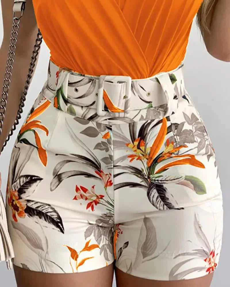Women's Two-piece Beach Fashion Summer Suit Sexy Slim Short Top Shorts Printing Casual Suspenders Package Hips 2 Piece Set