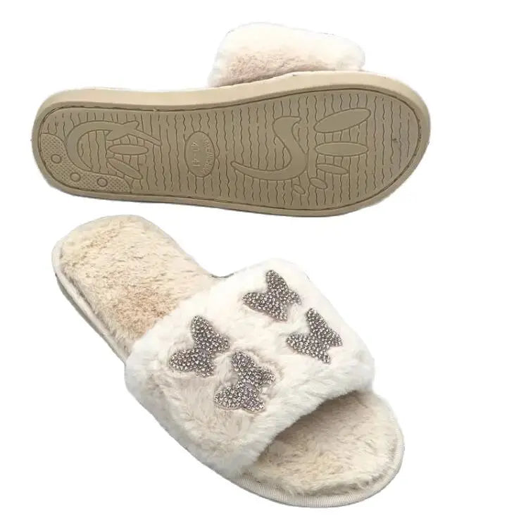2025 autumn/winter women new round-toe thick-soled flat mid-heel fur sandals bowknot rhinestone slippers Home slippers