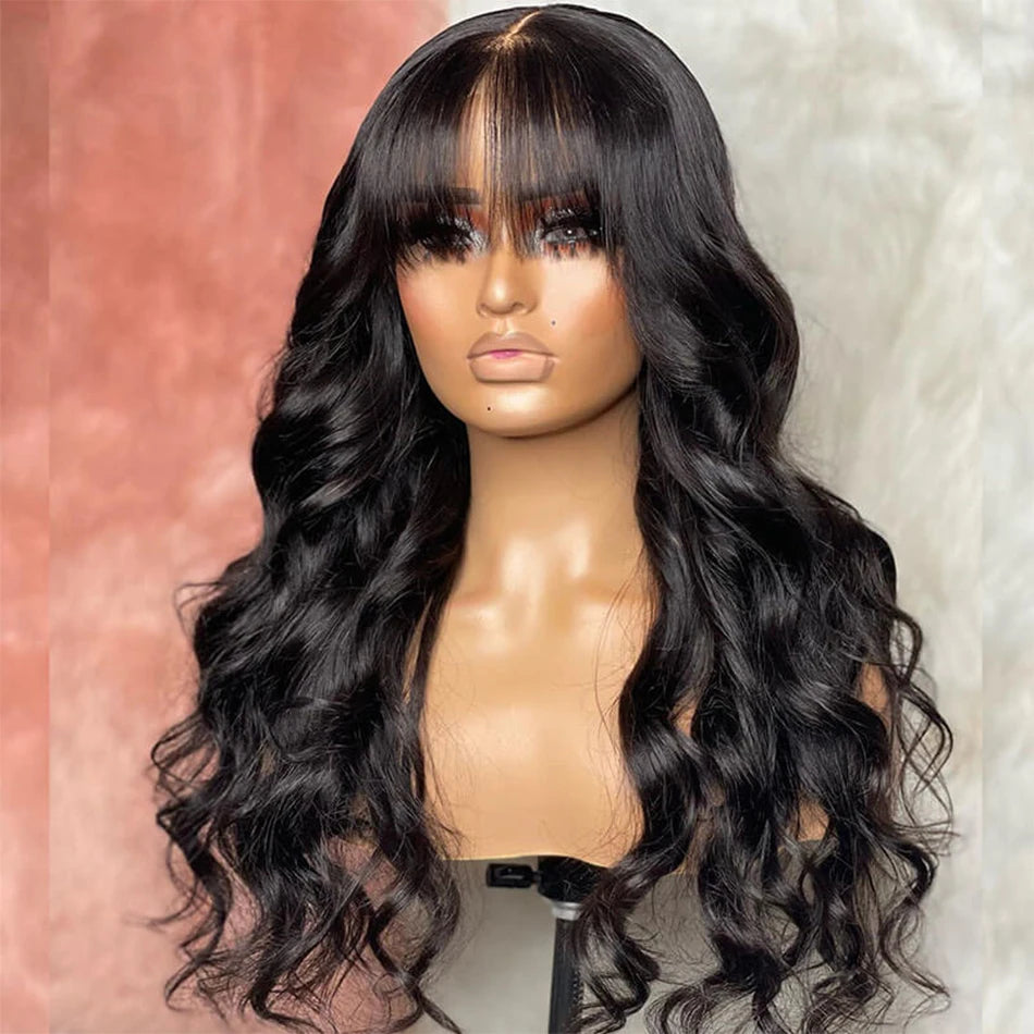 16A Glueless Body Wave Wig With Bangs Black Women's Human Hair Wig Without Glue Fully Machine Made Wig With Bangs Body Wave Wig