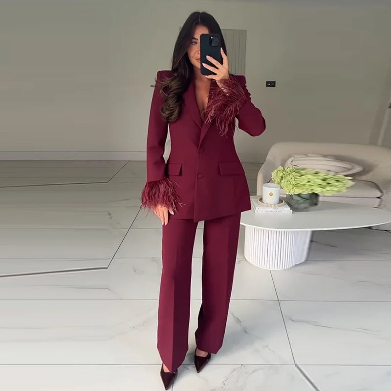 Elegant Feathers Women Blazer Pants Suit Lapel Button Coat Straight Wide Leg Trousers Lady Set 2026 Spring Female Outfits